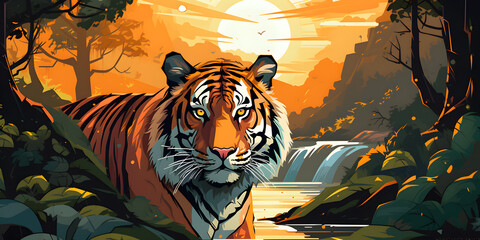 Fototapeta na wymiar Tiger in nature illustration background