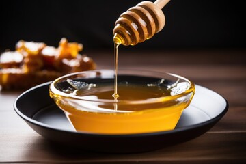honey dripper over a bowl filled with raw honey