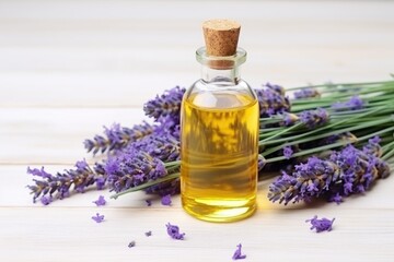 Obraz na płótnie Canvas lavender oil bottle with fresh flowers on a white table