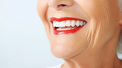 Fototapeta premium Closeup of beautiful smile of elderly woman with healthy white teeth. Healthcare concept. Generative AI