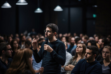 A man from the audience asks a question to the speaker. - obrazy, fototapety, plakaty