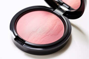 close-up of a blush brush on a powder compact