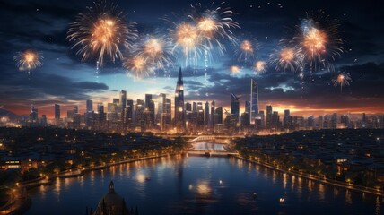 Fototapeta na wymiar Spectacular 3D Rendering of City Fireworks Display over the river