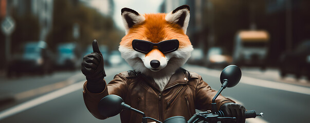 personnage de renard avec des lunettes de soleil, sur une moto, qui fait un signe de pouce en l'air