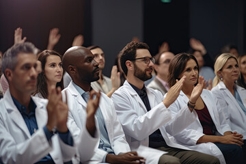 A team of healthcare workers, including doctors and nurses, applauds with satisfaction during a successful meeting. - obrazy, fototapety, plakaty