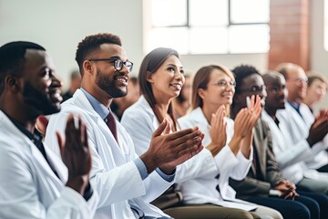 A group of medical professionals at a business meeting applauds and smiles in an atmosphere of success and cooperation. - obrazy, fototapety, plakaty