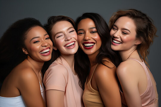A diverse and happy group of friends, young women from different backgrounds, laughing and taking joyful photos together.