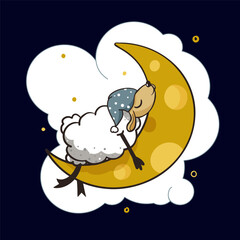 Sheep sleeping,  cartoon animal character with moon. Vector cute Illustration on dark blue background.