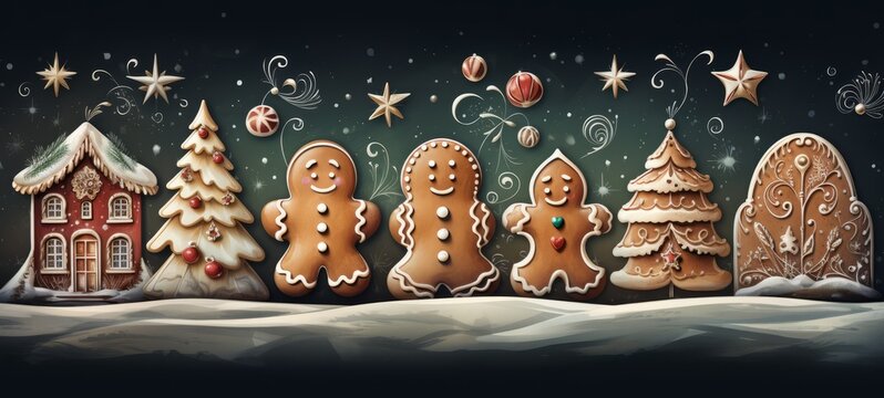 Christmas Gingerbread Cookies Painting Illustration. Christmas Gingerbread Cookies in vector. Horizontal banking background for web. Photo AI Generated