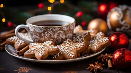 Obraz na płótnie Canvas Various Christmas holiday gingerbread cookies with cocoa and cinnamon. Christmas gingerbread cookies composition. Horizontal banking background for web. Photo AI Generated