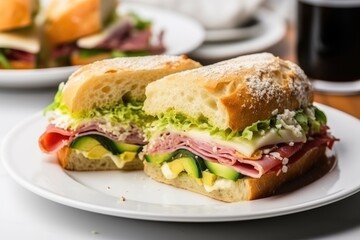 sandwich with ham, cheese, and lettuce on the white plate