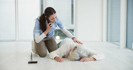 Accident, phone call and nurse with old woman on floor for medical, injury and elderly care. Emergency, healthcare and pain with caregiver and patient in nursing home for rescue, retirement and risk - obrazy, fototapety, plakaty