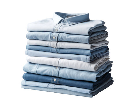 Stack of folded clothes. Pile of clean shirts isolated on white transparent background. PNG