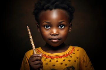 A Young Black Girl Holding a Pencil and a Brush. Fictional characters created by Generated AI. - obrazy, fototapety, plakaty
