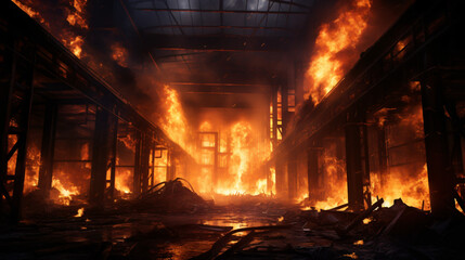 Raging inferno inside an industrial structure.