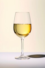 Glass of white wine on light cream background.