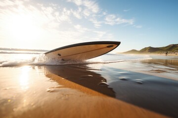 surfboard on sunlit beach with waves in background