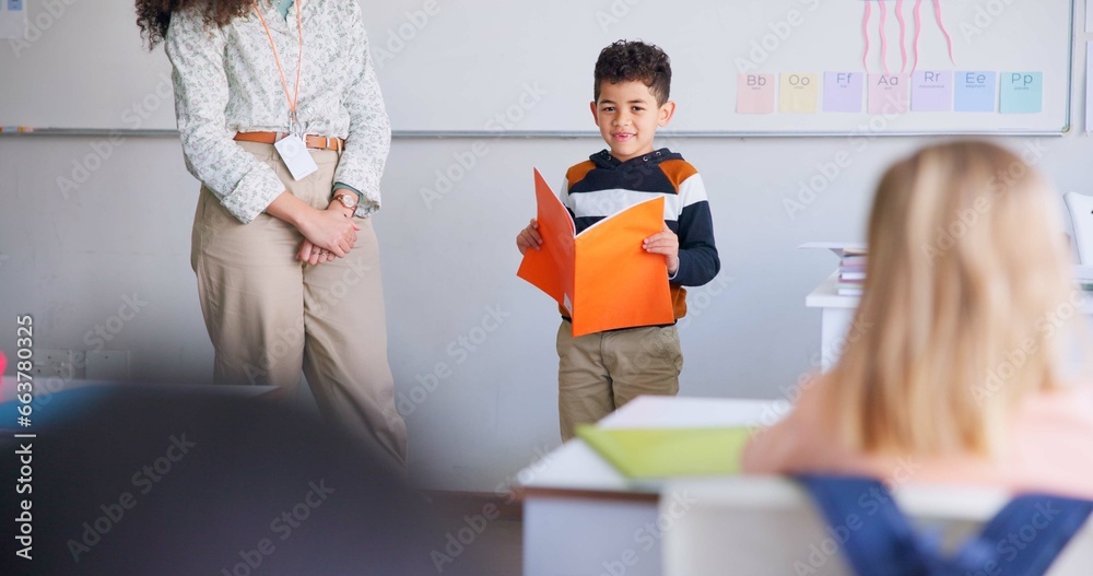 Aufkleber child, student and reading a book in class for learning, development and communication. boy kid and 