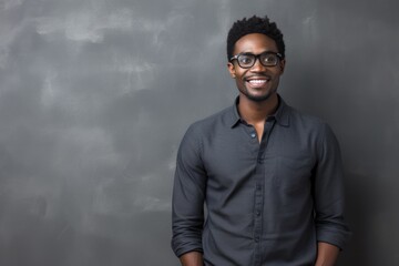 Obraz premium A smiling black man in a black shirt and glasses posing for a photo.. Fictional characters created by Generated AI.