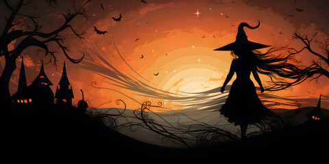 Illustration background silhouette witch at sunset