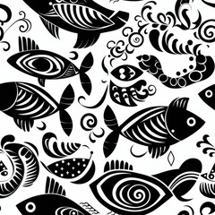 Fish underwater zentangle doodle repeat pattern ornament coloring pages black and white