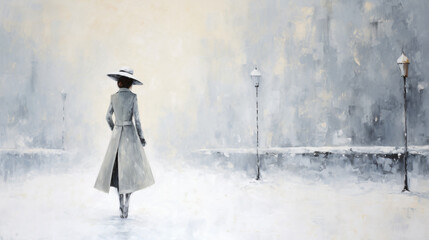 Woman in a white coat walking in a snowstorm