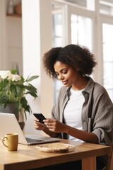 A woman in a grey shirt checks her smartphone at a wooden desk. Fictional characters created by Generated AI.