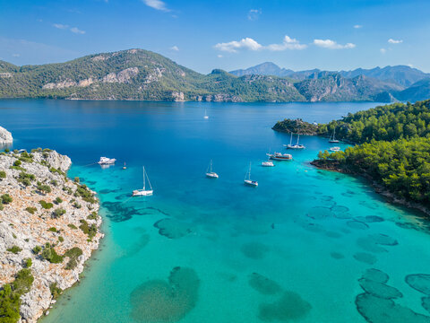 Cennet Beach drone view in Selimiye Village of Turkey
