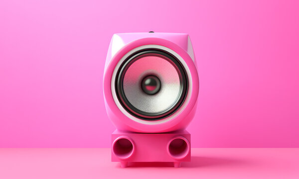 Altavoz monitor de estudio de color rosa en fondo rosa.