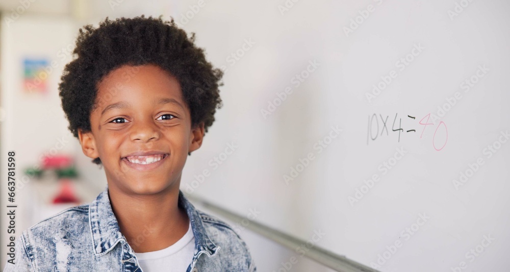 Poster math class, portrait of child at board for education, learning and problem solving for skill develop