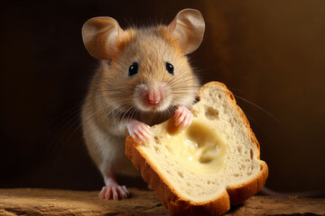 Ratoncito adorable comiendo pan con queso. - obrazy, fototapety, plakaty