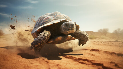 Tortuga veloz corriendo por el desierto a toda velocidad.