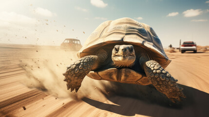 Tortuga veloz corriendo por el desierto a toda velocidad.