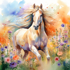 Obraz na płótnie Canvas Beautiful horse in a field of flowers aquarelle style