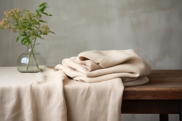wide shot of neutral beige linen folded on a table