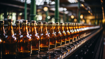 Fototapeta premium Row of brown beer bottles on conveyor belt in brewery factory. Industrial background.
