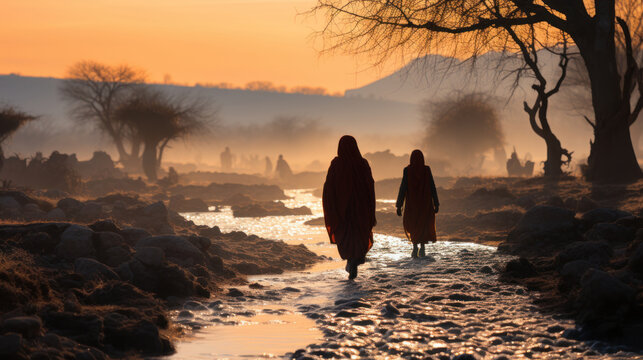 Silhouette of two muslim women walking through africa mud background in Niamey, Niger.