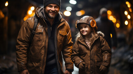 Fototapeta premium Underground tourism. Father with daughter on an excursion in the mine tunnel.