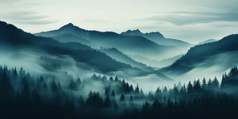 Fototapete Misty mountain landscape with fir forest in vintage retro style. Generative AI © AngrySun
