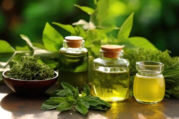 ayurvedic oils in glass bottles with background of greens