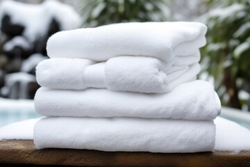 white fluffy towels stacked beside a steamy hot tub