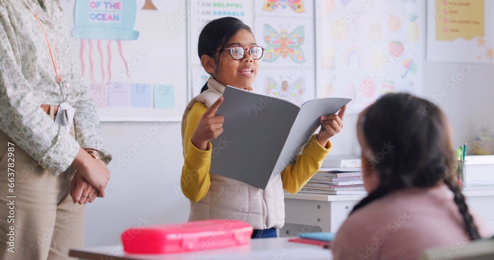 Poster child, reading and classroom with girl speaker, book and education at a school. students, learning a