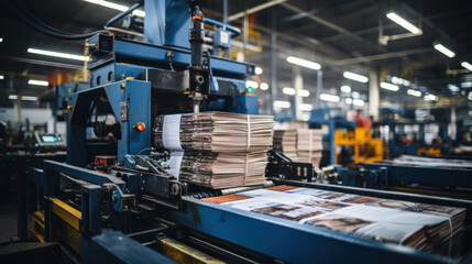 Printing machine working in the factory. Industry. Industrial background. Large format machine in operation.