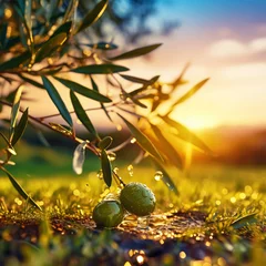 Foto op Canvas Closeup of olives with dew drops on the branch of olive tree on the sunset. Generative AI © AngrySun
