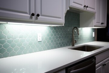 newly installed gleaming kitchen backsplash tiles