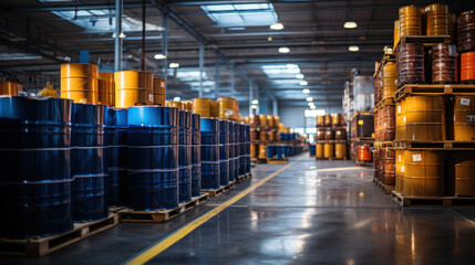Warehouse with rows of large industrial barrels for transportation and storage of goods. - obrazy, fototapety, plakaty