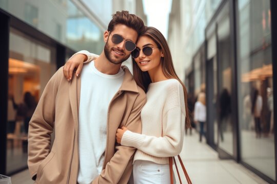 Attractive couple posing for a picture in a busy city street. Fictional characters created by Generated AI.