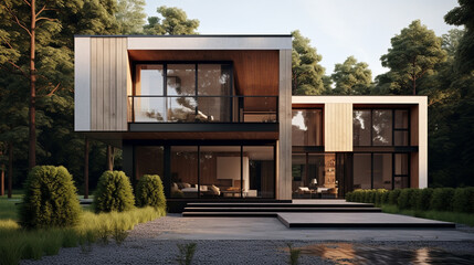 Eco-friendly modern house surrounded by trees - obrazy, fototapety, plakaty