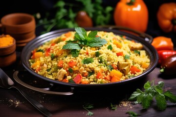 a dish of moroccan couscous with vegetables and herbs - obrazy, fototapety, plakaty