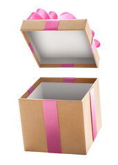 Brown open gift box with pink bow